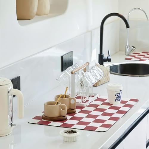 Ohocut Checkered Dish Drying Mat for Kitchen Counter, Coffee Bar Station Accessories, Retro Cute Aesthetic Modern Absorbent Drainer Mat Kitchen Drying Mat Easy Clean (Red, 24" x 16") by Ohocut