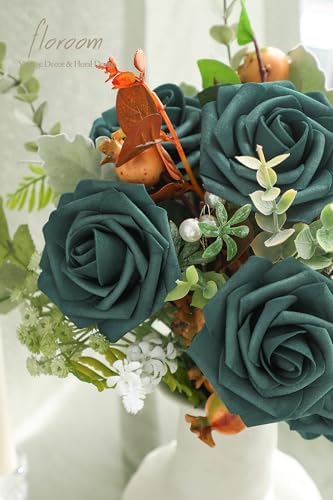 Floroom Artificial Flowers 25pcs Real Looking Peacock Green Foam Fake Roses with Stems for DIY Wedding Bouquets Bridal Shower Centerpieces Floral Arrangements Party Tables Home Decorations - Image 4