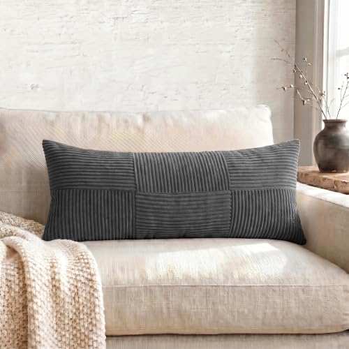 Fancy Homi Set of 2 Dark Gray Boho Long Lumbar Body Decorative Throw Pillow Cover 14x36 Inch for Bed Couch Bedroom Bench, Soft Patchwork Corduroy Textured Pillow Case, Rustic Farmhouse Room Décor - Image 5