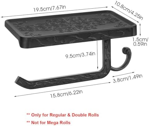 Vintage Toilet Paper Holder Wall Mount Toilet Roll Holder with Shelf and Hook Bronze Antique Bathroom Accessories Toilet Tissue Roll Holder Hanger Aluminum Material (Black) - Image 5