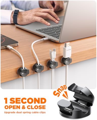 16Pack Cord Organizer [Dual Spring & Clasp, Max Secure] Cable Clips - Chfeila Cord Holder, Desk Cable Management, Adhesive Phone Charging Wire Holder for Nightstand/Car/Wall, Office Accessory - Black - Image 2