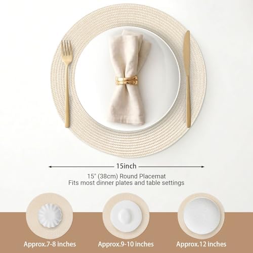 FunWheat Round Braided Placemats Set of 4 Table Mats for Dining Tables Woven Washable Non-Slip Place mats 15inch (Beige, 4pcs) - Image 2