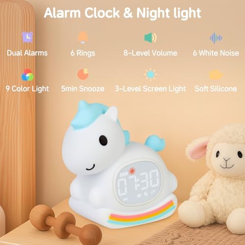 Yiliaw Blue Unicorn Alarm Clock with Night Light for Kids, Ok to Wake Clock - Image 2