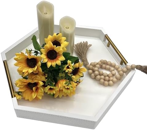 Serving Tray with Polished Metal Handles, Hexagon Coffee Table Tray, Modern Rectangle Decorative Tray, Large Ottoman Tray, Perfect for Storage and Display (White Hexagon) - Image 4