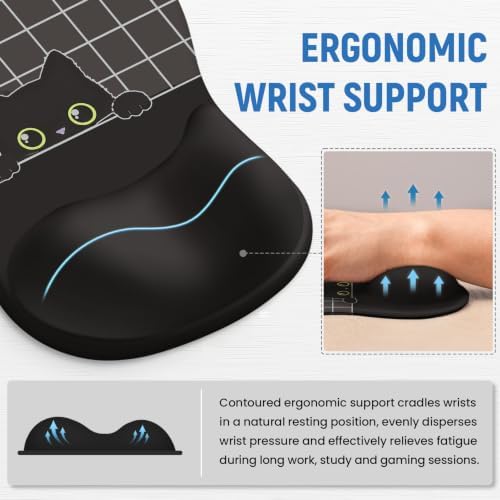 Ergonomic Mouse Pad with Wrist Rest, Gel Wrist Support, Black Cat - Image 2