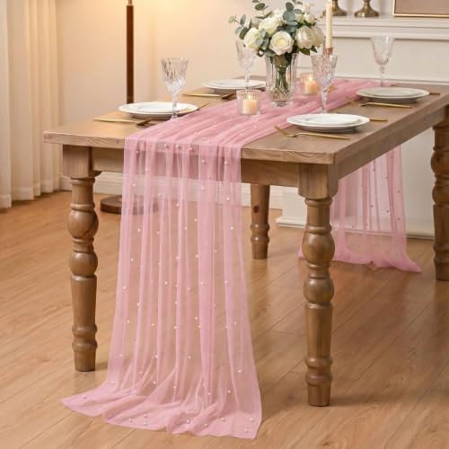 Artoid Mode Pearl Pastel Pink Gauze Table Runner 10FT Home Decor - Image 4