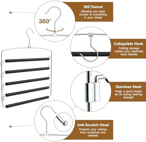 Pants Hangers, 3 Pack Anti-Slip Space Saving Hangers, 5 Layer Swing Arm Pants Hanger Stainless Steel with Non-Slip Padding, Closet Organizers & Storage for Pants Trousers Jeans Scarf - Image 3