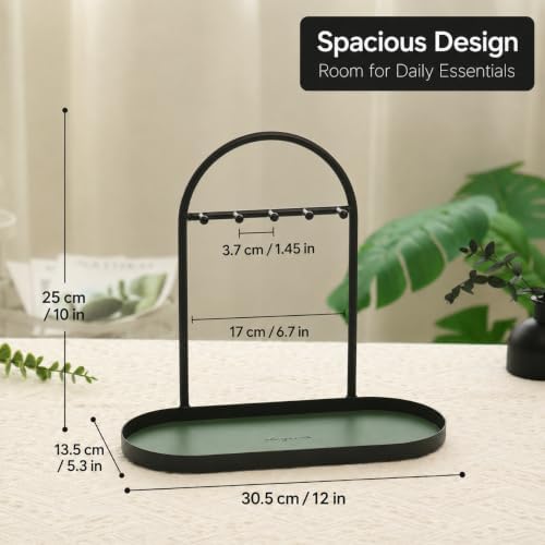 Shinpuru Key Holder Tray, Metal Stand with Leather Tray, 5 Hooks (Green) - Image 2