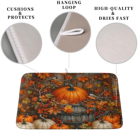 Fall Dish Drying Mat for Kitchen Counter 16x18 Autumn Pumpkin Maple Leaves Birds Dish Drying Pad for Dishes Microfiber Absorbent Dishes Drainer Mats Thanksgiving Dish Rack Mat - Image 3