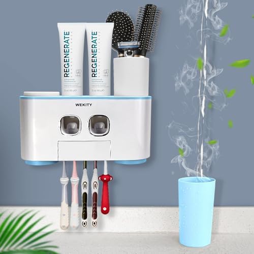 Toothbrush Holder Wall Mounted, WEKITY Multi-Functional Toothbrush and Toothpaste Dispenser for Bathroom, with 5 Toothbrush Slots, 2 Toothpaste Squeezers and 4 Cups(Blue) - Image 5