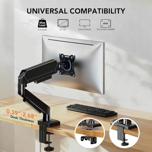 Single Monitor Mount, Gas Spring Arm for 17-32 inch Screens Adjustable Monitor Stand, Vesa Mount Stand with Clamp and Grommet Aluminum Base - Fits 4.4 to 22lbs LCD Computer Monitors HD09B-001 - Image 2