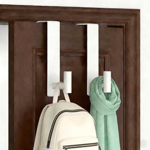 Stainless Steel Over The Door Hooks Heavy Duty, Bathroom Towel Holder Door Mount Coat Rack Towel Rack for Bedroom, Doors Hangers Towel Hooks for Bathroom Dorm Essentials (White, 2 Pack) by VINHOLD
