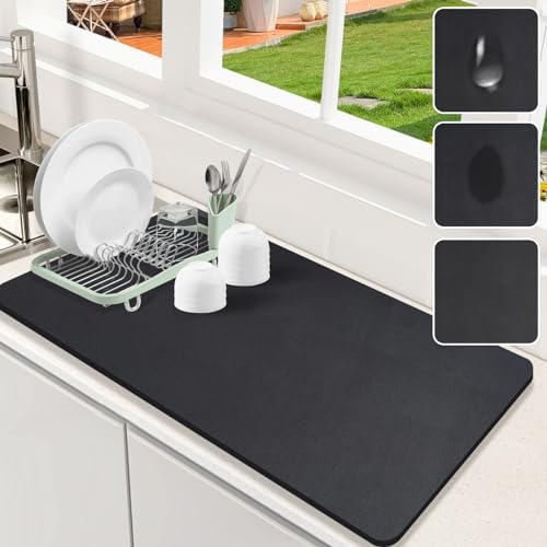 Dish Drying Mat for Kitchen Counter, 17x31.5 Pad with Rubber Backed (Black) by Etomiel