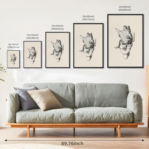RINMFEO Funny Frog Bathroom Canvas Art Retro Frog on Toilet Reading Newspaper Quirky Wall Decor Playful Animal Poster 16x24inch Black frame - Image 3
