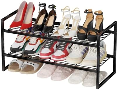 Metal Shoe Rack Organizer for Closet and Entryway, 2 Tier 27" Wide Free Standing Wire Grid Shoe Shelf, Black by MWQ