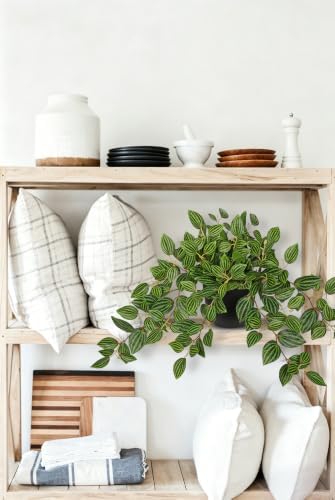 Briful Artificial Potted Plant Indoor, 19.6" Faux Watermelon Peperomia Trailing Plant in Black Pot, Realistic Fake Plants with Cascading Green Leaves for Shelf Bathroom Office Desk Kitchen Home Decor - Image 7