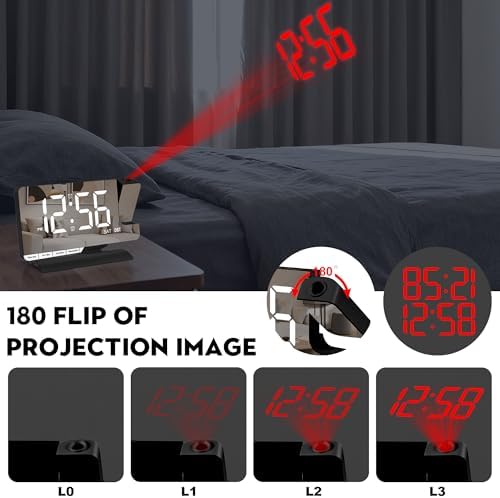 SZELAM Digital Clock,Alarm Clock Bedside with Projection,7.3" Mirror Clock with 180°Rotating Projector,Dual Alarm with 3 Mode,Brightnee Adjust,DST,Snooze,Charging Port,5 Levels Volume for Desk Teens - Image 2