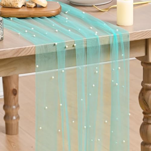 Artoid Mode Pearl Turquoise Gauze Table Runner 10FT Home Decor by ArtoidMode