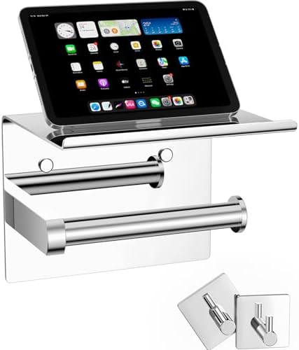Tindbea Mega Size Toilet Paper Holder with Shelf + Towel Robe Hooks, Adhesive or Screw Wall Mounted Toilet Paper Roll Holder, Stainless Steel Bathroom Hardware Set (Polished Chrome) by Tindbea