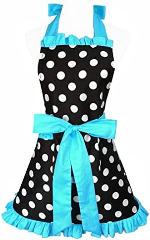 Hyzrz Cute Apron Retro Black Polka Dot Retro Ruffle Side Vintage Cooking Aprons with Pockets for Women Girls (Side Blue) by Hyzrz