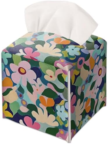 Modern Square Leather Tissue Box Cover/Case Holder Gifts for Women Family and Friends, Decorative Holder/Organizer for Bathroom Kitchen Nightstand Office Home (Colourful Floral) by JUPXB