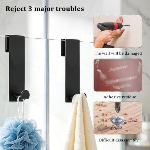 2 Pack Shower Door Hooks, 7 Inch Extended Over Door Towel Hooks for Bathroom Frameless Glass Shower Door, No Drill Stainless Steel Heavy Duty L Shape Hooks (Black, Fits 3/8" Thick Door) - Image 4