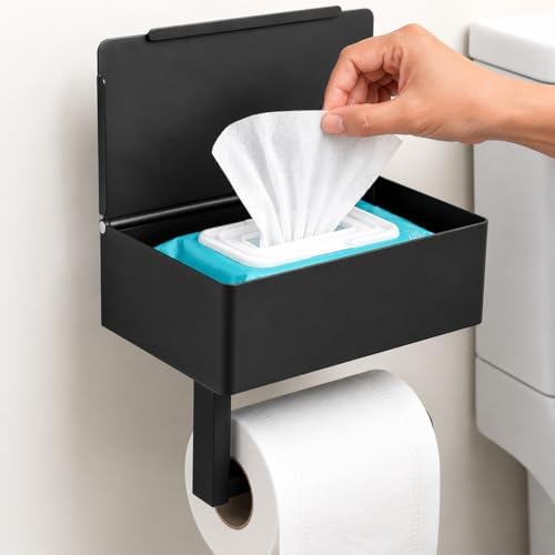 Toilet Paper Holder with Storage, Wall Mount Toilet Paper Holder with Shelf, Flushable Wipes Dispenser, Sanitary Napkin Receptacle, Matte Black Stainless Steel for Bathroom Commercial by Unknown