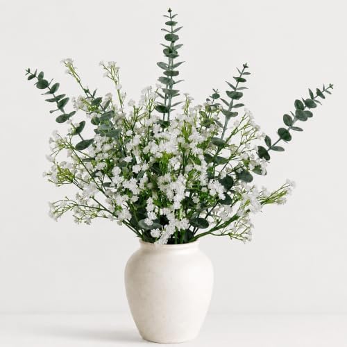 White Babys Breath Artificial Flowers with Fake Eucalyptus Leaves, 18Pcs by DEEMEI