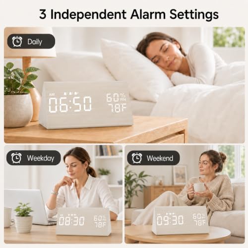 JALL Wooden Digital Alarm Clock for Bedrooms and Office, 3 Alarms with Big Digits, Humidity and Temperature Display, 6-Level Dimmer, Snooze, Loud Desk Clock for Heavy Sleepers, Plug in (White) - Image 4