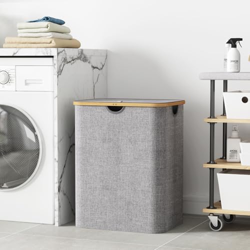 Lifewit 120L Large Laundry Basket with Lid, 2 Removable Bags, Light Gray - Image 2