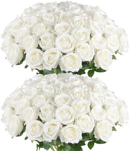 Hananona 50 Pcs Artificial Roses, Realistic Silk Flowers Bulk, White by HANANONA