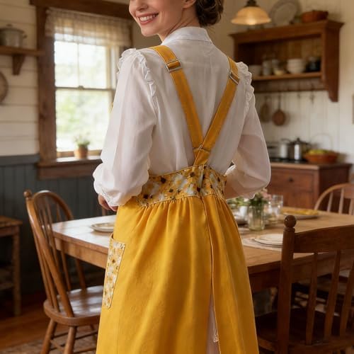 Cotton Linen Apron Cross Back Apron for Women with Pockets Pinafore Dress - Image 5