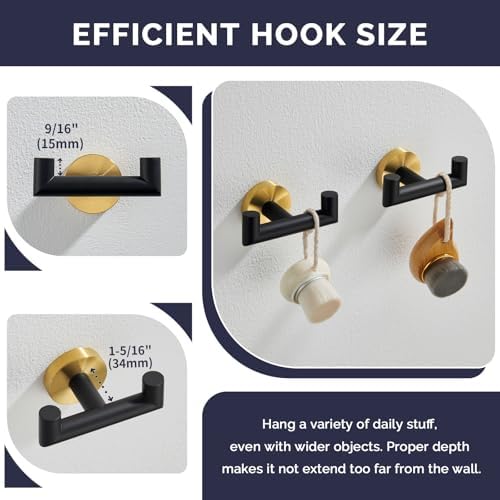 Angle Simple Double Towel Hooks, Bathroom Robe Coat Hook 2 Pack, Black Gold - Image 3