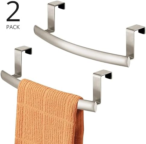 mDesign Steel Over Door Curved Towel Bar Storage, Hanger for Cabinet or Cupboard, Holder Rack for Kitchen, Bathroom - Holds Hand/Dish Towels, Washcloths - Spira Collection - 2 Pack - Satin - Image 2