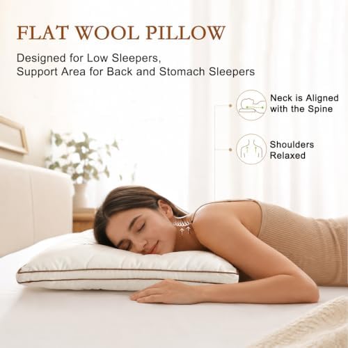 YOUR MOON Natural Wool Pillow King, Flat & Thin Wool Pillow for Sleeping, Breathable Cotton Cover, Low-Loft Bed Pillows for Back and Stomach Sleepers (Off White) - Image 5