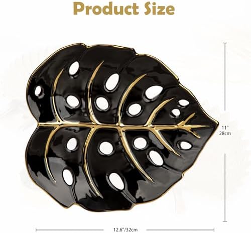 Ceramic Leaf Shaped Decorative Tray, Black Gold Monstera Leaf Plate 12.6"x11" for Jewelry, Keys, Snack, Candle Holder, Modern Table Centerpiece Home Decor - Image 2