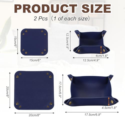 uxcell 2 Pcs Valet Tray for Women and Men, PU Leather Jewelry Tray Entryway Table Bedside Nightstand Catchall Storage Organizer for Jewelry Key Coin Watch Wallet(Square, Dark Blue) - Image 2
