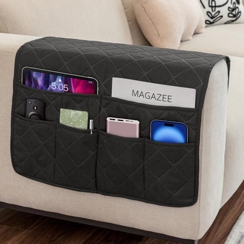 Remote Control Holder for Recliner Armchair Caddy Couch Armrest Organizer, Non-Slip Arm Chair Bedside Caddy Storage Organizer for Recliner Couch With 6 Pockets for Magazine, Phone, iPad (Black) by DECKALY