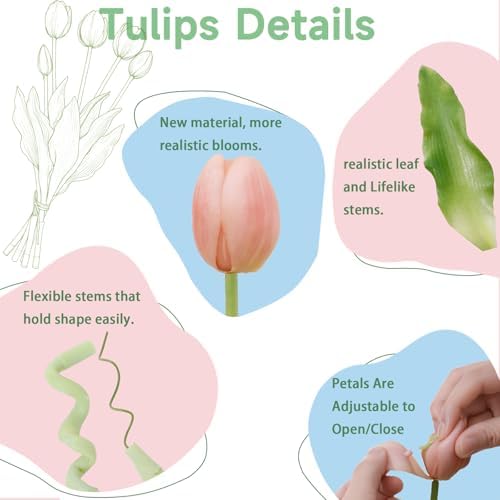 15 Pcs Fall Pink Artificial Tulips Fake Flowers, Premium Latex Lifelike Texture, UV Resistant Waterproof Faux Tulip Bouquets with Snap-on Petals for Outdoor, Home, Wedding Decor - Image 3