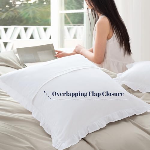 PHF Washed Cotton Euro Shams with Ruffle 26"x26", White, 2 Pack, No Insert - Image 3