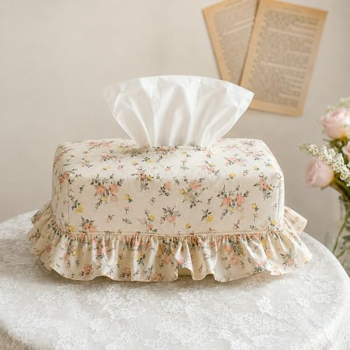 Cotton Tissue Box Cover, Thick Padded Rectangle with Lace, Rose Floral by Invisioncorp