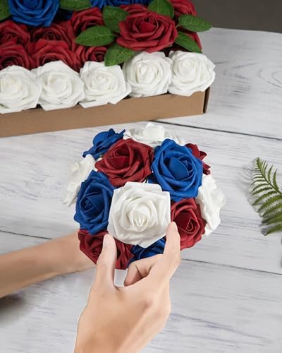 DuHouse 25Pcs Artificial Flowers Foam Roses Fake Roses(Blue White Red) - Image 4