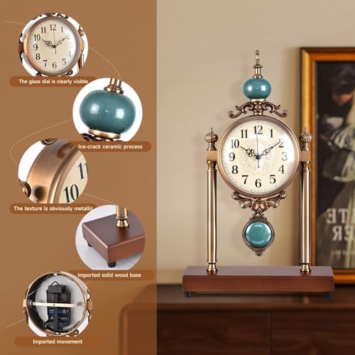 Vintage Table Clock with Turquoise Accents, Silent Non-Ticking, Wood Base and Metal Frame, Decorative Antique Design - Image 5