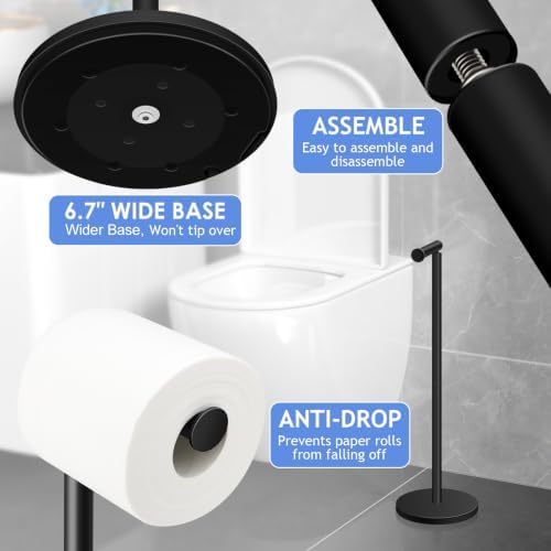TACGEA Toilet Paper Holder Stand, Bathroom Toilet Paper Roll Holder Stainless Steel Free Standing, Storage for 4 Rolls of Paper, Matte Black - Image 5