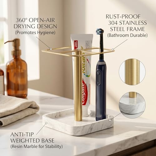 Stainless Toothbrush Holder，3-Slot Design with Resin Marble Base - Image 5
