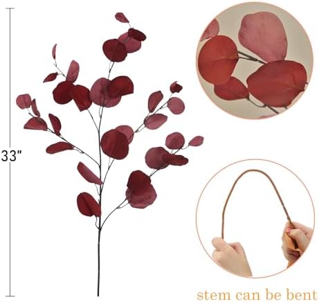 3 PCS 33" Artificial Eucalyptus Stems, Silk Branches for Vase Decor, Red - Image 2