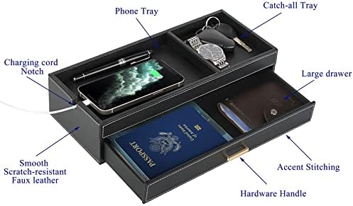 HofferRuffer Valet Jewelry Tray Organizer with Drawer, Faux Leather Storage Catchall Box Phone Charging Station Tray with Dresser Nightstand Desktop Drawer Organizer (Black) - Image 4