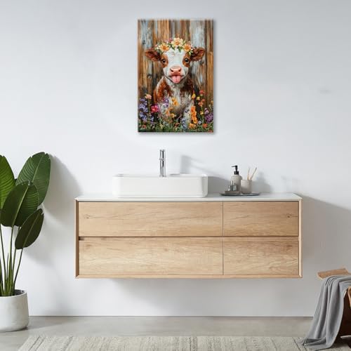 Funny Cow Bathroom Pictures Wall Art, Rustic Brown Cute Cow Bathroom Wall Decor, Farmhouse Floral Framed Painting Animal Flower Canvas Artwork for Bedroom Living Room Decorations 24" L x 16" W - Image 4