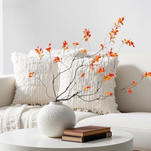 4PCS Artificial Orange Branches 35.4", Faux Fall Stems for Vase, Long Decorative Branches with Autumn Leaves, Bendable Orange Stems for Tall Vase Fall Decorations Home Decor by UqueetenLtd