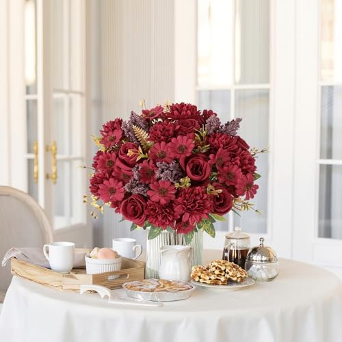 Dremisland Artificial Flowers 2 Bundles Burgundy Fake Roses Silk Bouquets - Image 2